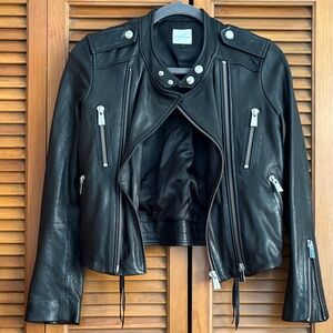 Anine Bing Black Leather Moto Jacket with Silver Zippers